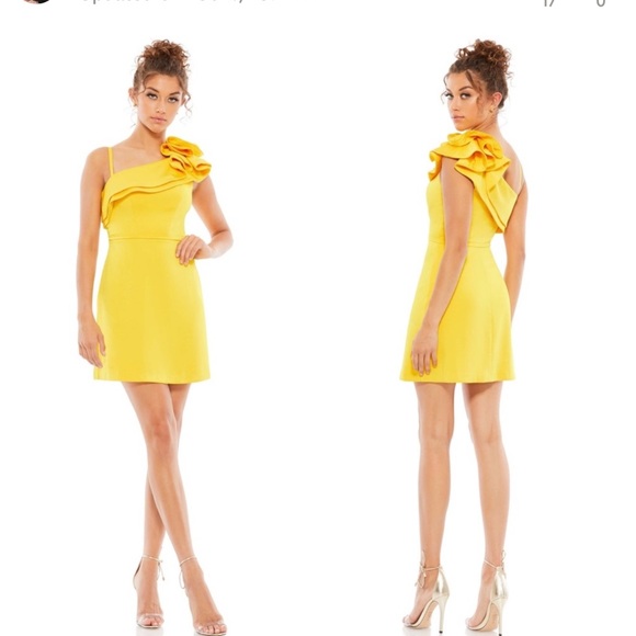 17. Mac Duggal leena Ruffle One Shoulder Mini Dress Lemon Yellow-12 - Picture 9 of 16